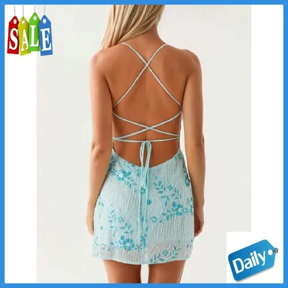 Sleeveless Sequin Mini Dress Backless Criss Cross Straps Party Night Out